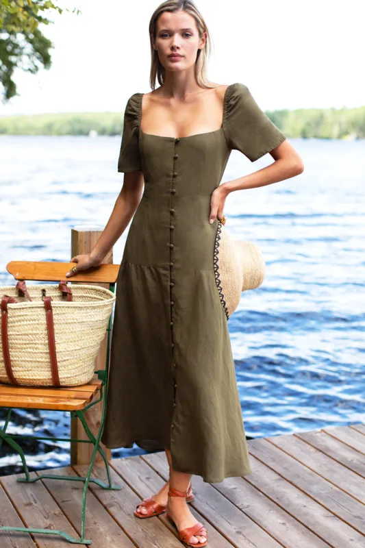 Louise Shortsleeve Basque Dress - Martini Olive Linen made by Emerson Fry