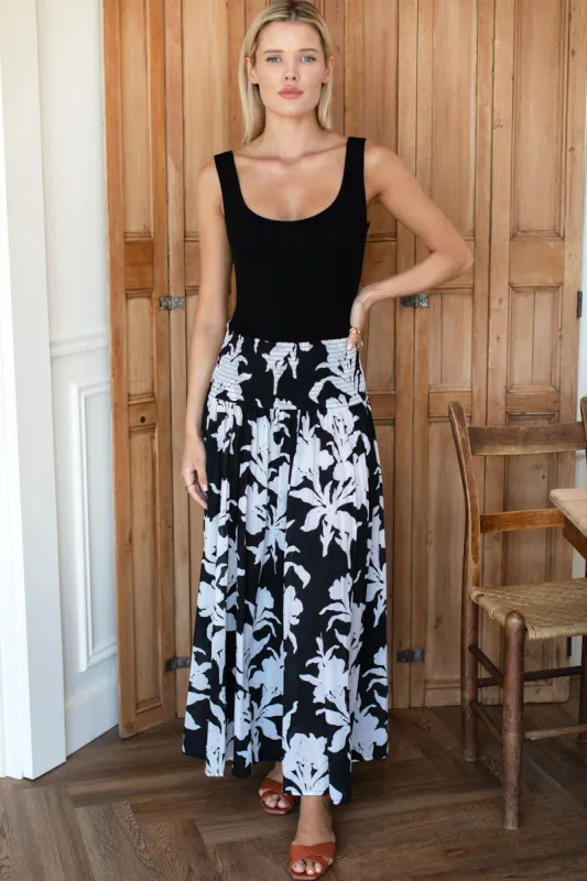 Smocked Maxi Skirt - Black + Ivory Orchid Organic made by Emerson Fry