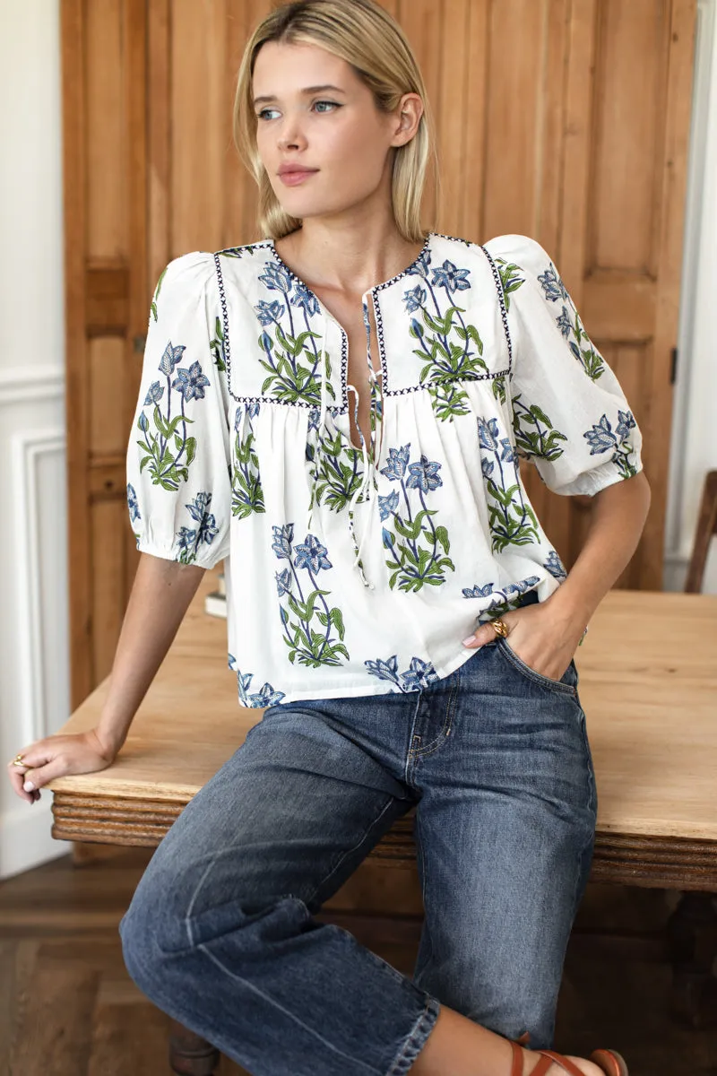 Puff Isla Top - Blue Clematis Flowers + Midnight Embroidery Organic sold by Emerson Fry