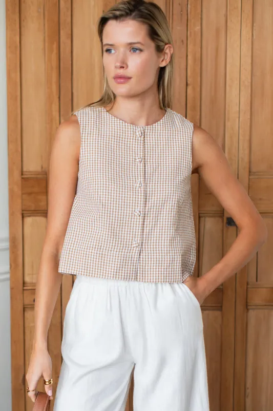 Button Front Wide Hem Top - Cafe Check made by Emerson Fry