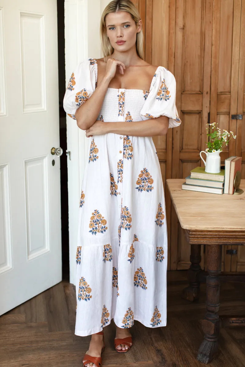 Santiago 4 Maxi Dress - Tomas Flowers Marigolds Linen sold by Emerson Fry