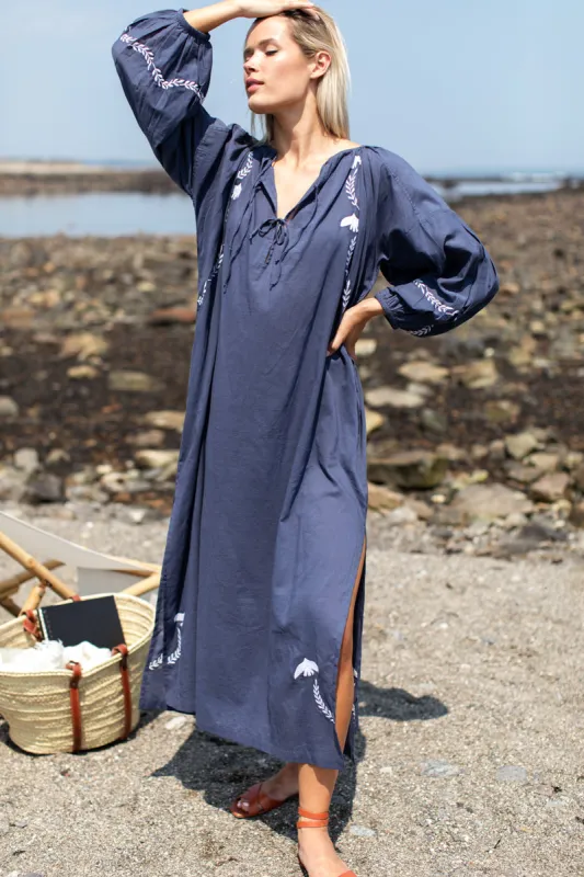 Folk Maxi Dress - Blue Indigo Dove Embroidery Organic made by Emerson Fry
