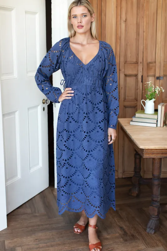 Double Waist Tie Dress - Blue Indigo Scallop Eyelet made by Emerson Fry