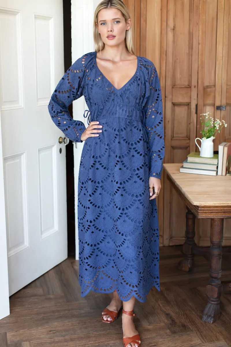 Double Waist Tie Dress - Blue Indigo Scallop Eyelet sold by Emerson Fry