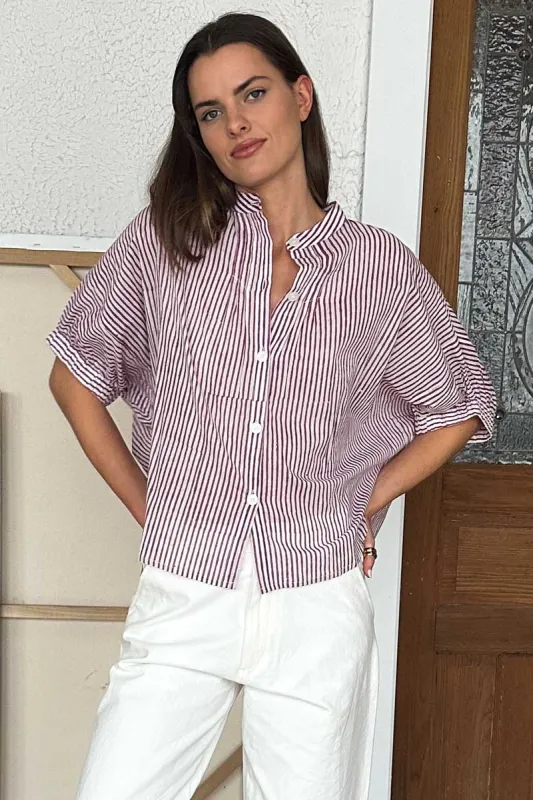 Mandarin Collar Top - Crushed Berry Stripe Organic made by Emerson Fry