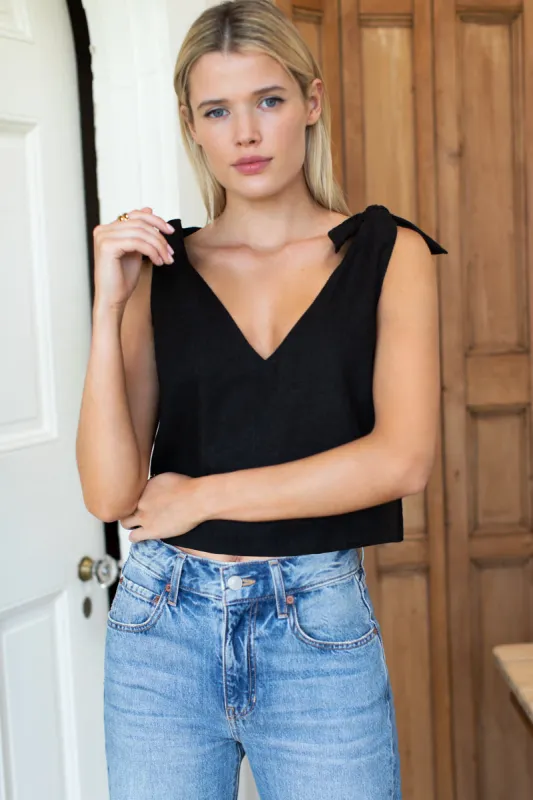 Tie Shoulder Mod Top - Jet Black Linen made by Emerson Fry