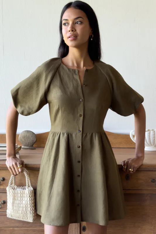 Bastille Short Dress - Martini Olive Linen made by Emerson Fry