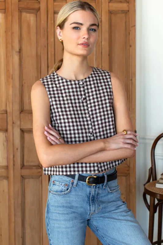 Button Front Wide Hem Top - Cocoa Gingham made by Emerson Fry