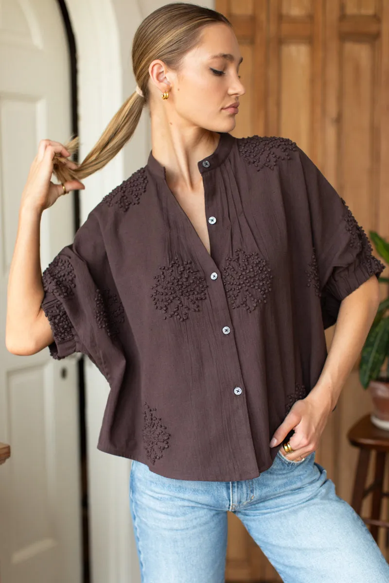 Mandarin Collar Top - French Knot Floral Vintage Chestnut sold by Emerson Fry