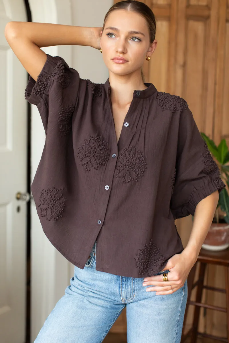 Mandarin Collar Top - French Knot Floral Vintage Chestnut sold by Emerson Fry product image thumbnail 5