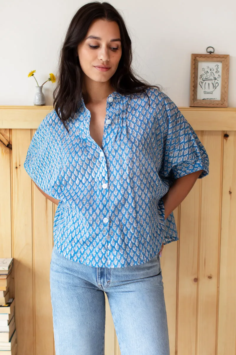 Mandarin Collar Top - Harlow Flowers Blue Organic sold by Emerson Fry product image thumbnail 2