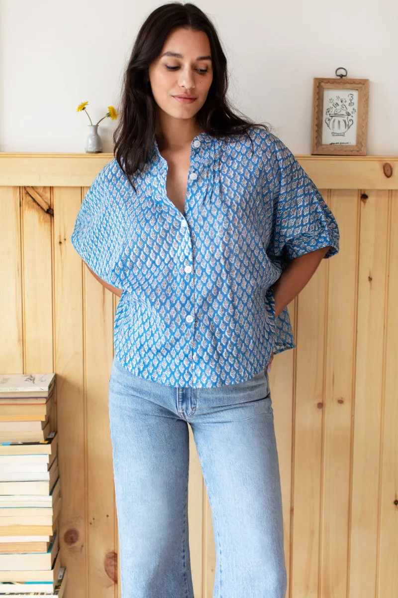 Mandarin Collar Top - Harlow Flowers Blue Organic sold by Emerson Fry product image thumbnail 5