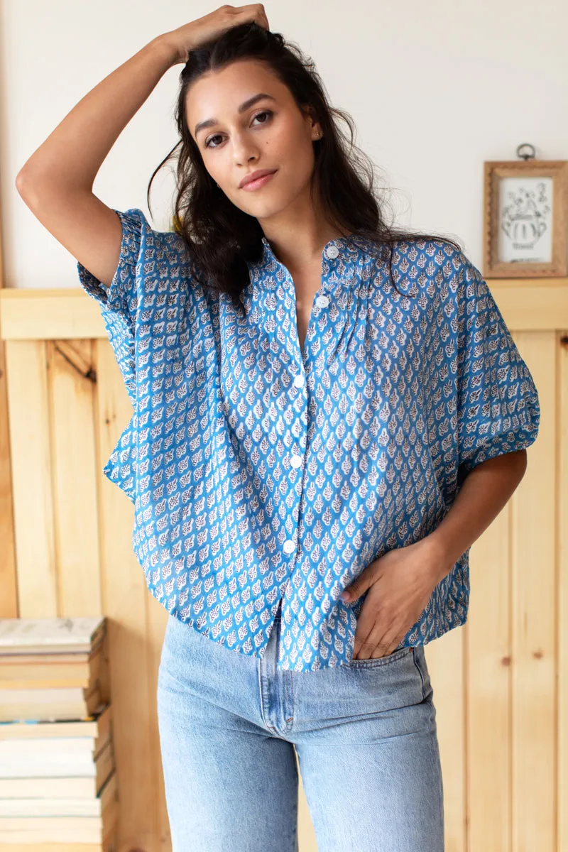 Mandarin Collar Top - Harlow Flowers Blue Organic sold by Emerson Fry