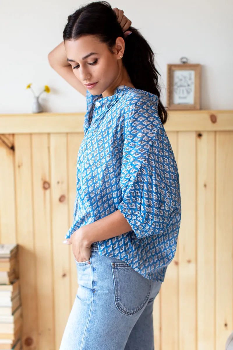 Mandarin Collar Top - Harlow Flowers Blue Organic sold by Emerson Fry product image thumbnail 4