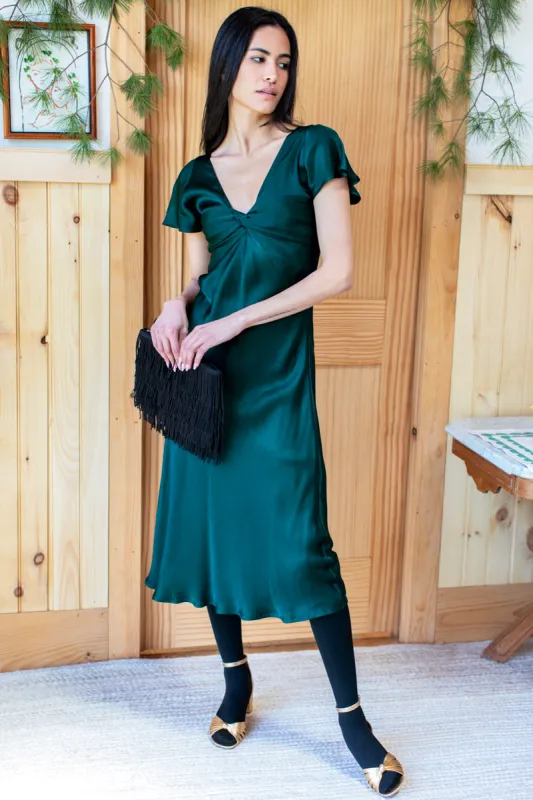 Knot Front Dress - Botanical Green Satin sold by Emerson Fry