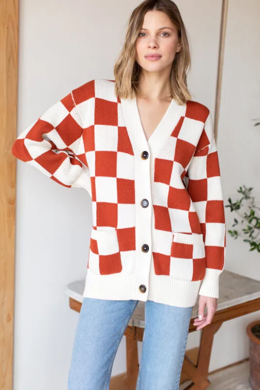 Cozy Cotton Cardigan - Ivory + Rust Check Organic made by Emerson Fry