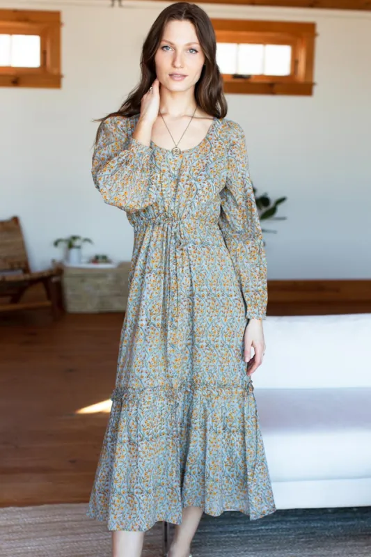 Lucy Long Sleeve Dress - Friendship Flowers Blue Organic sold by Emerson Fry