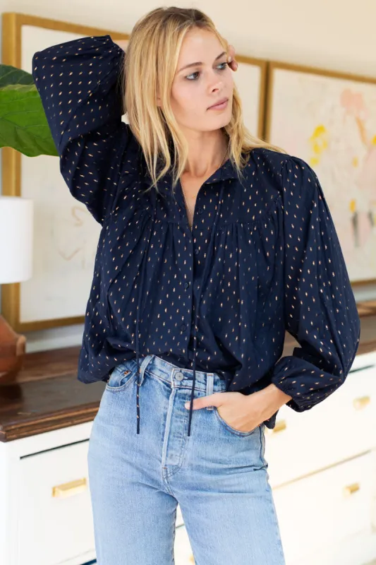 Emmaline Blouse - Maritime Gold Dot Lurex sold by Emerson Fry