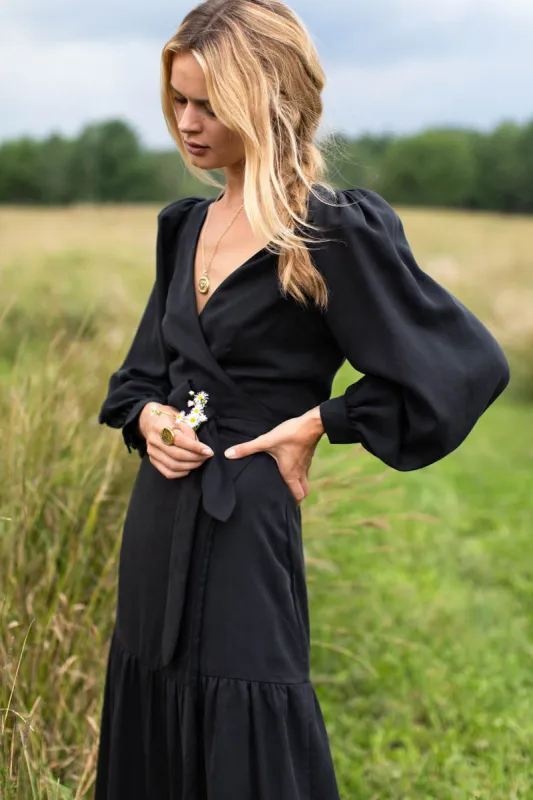 Marigot Tier Wrap Dress - Black Tencel sold by Emerson Fry