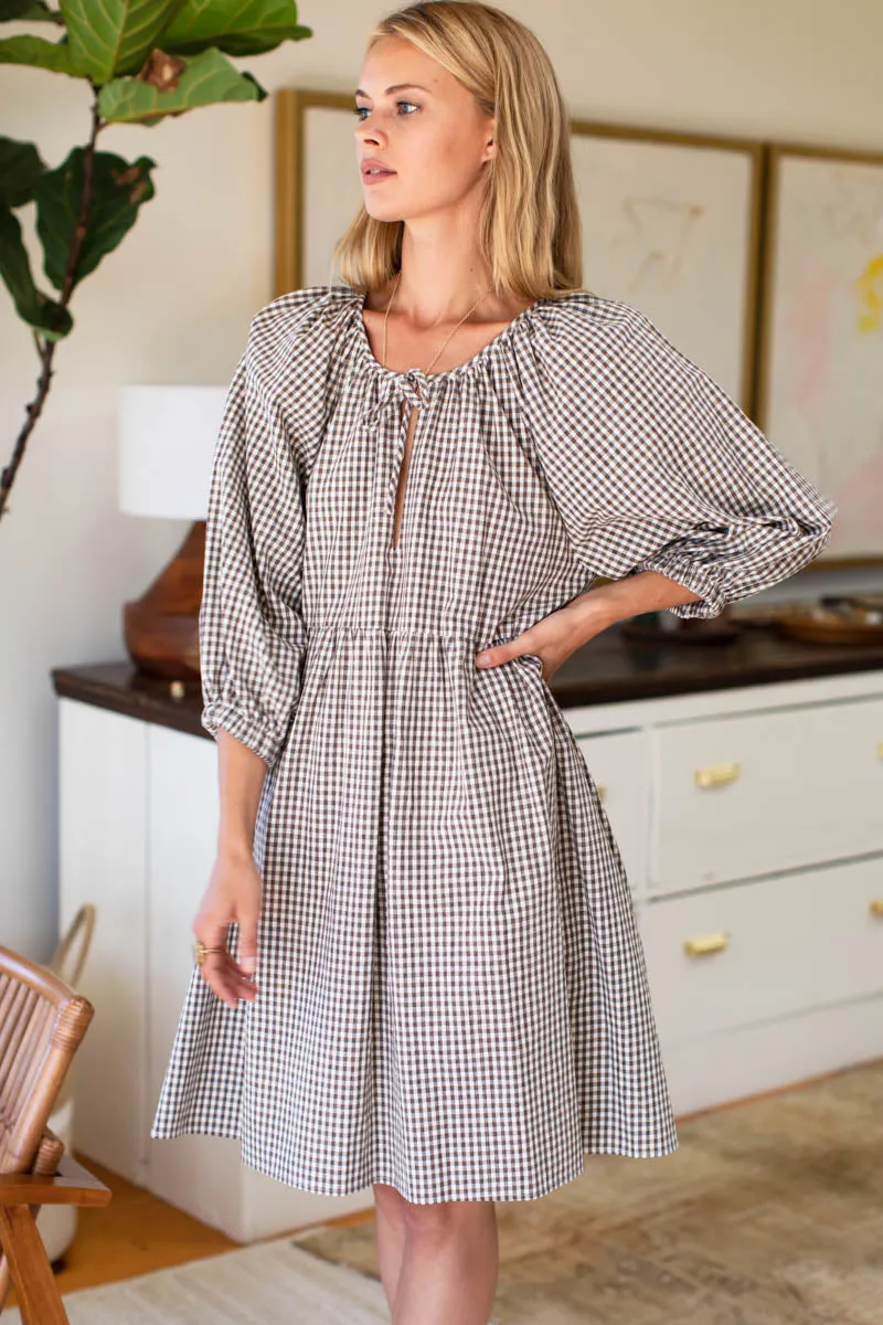 Rakel Keyhole Short Dress - Coffee Gingham sold by Emerson Fry