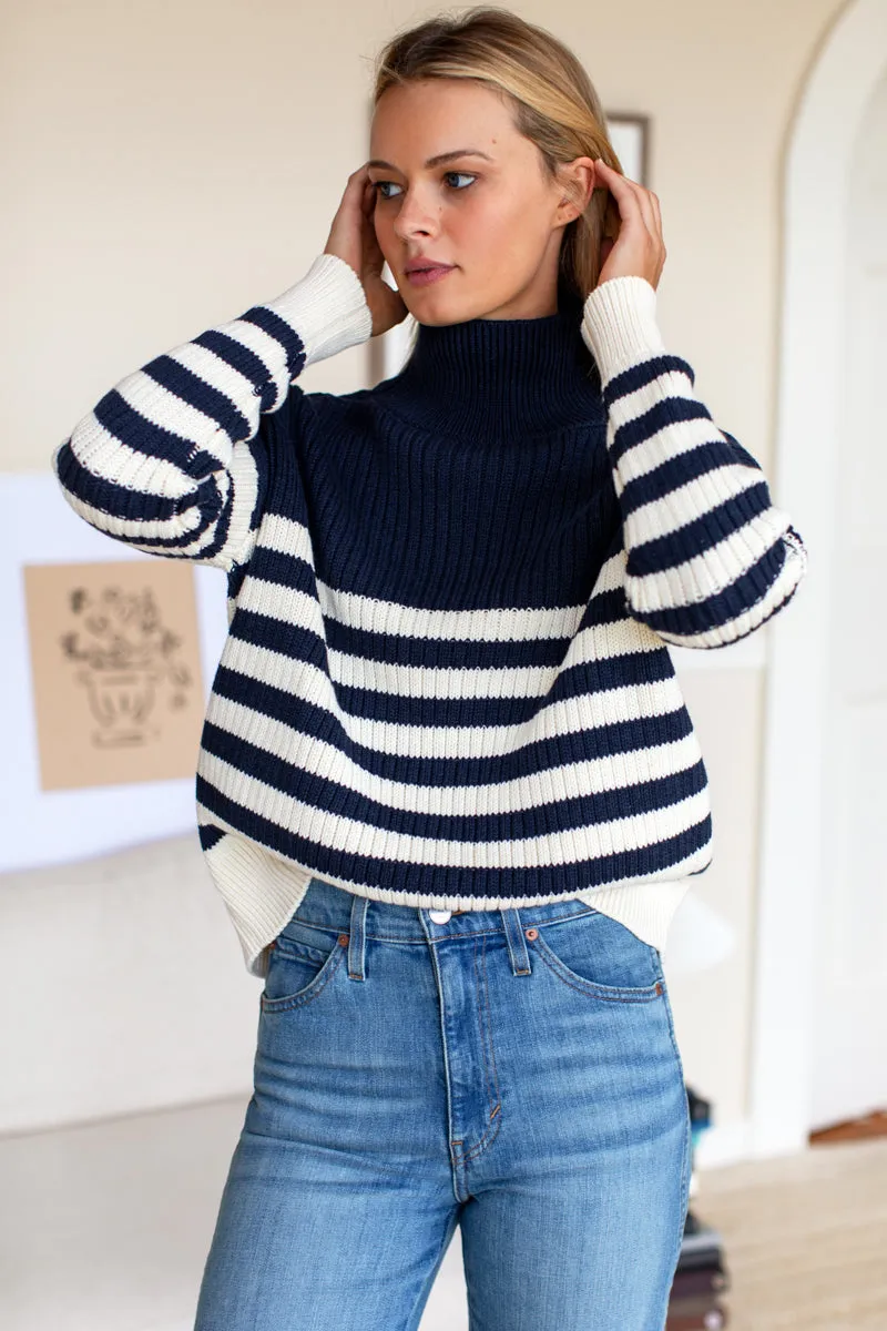 Carolyn Funnel Neck Sweater - Navy Colorblock Stripe Organic sold by Emerson Fry
