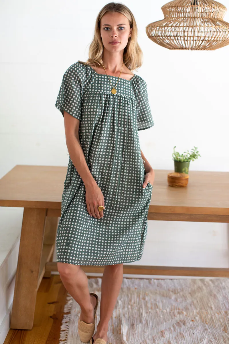 Colette Short Dress - Moss Gingham Organic sold by Emerson Fry