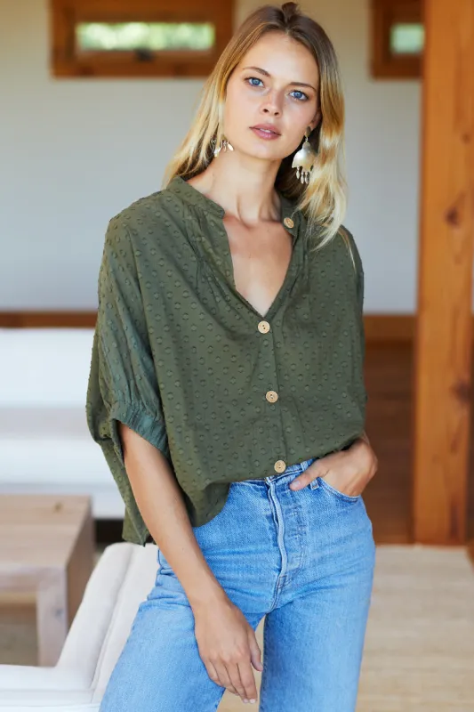 Mandarin Collar Top - Moss Swiss Dot Organic made by Emerson Fry