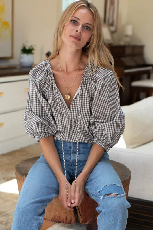 Rakel Keyhole Blouse - Gingham Coffee sold by Emerson Fry