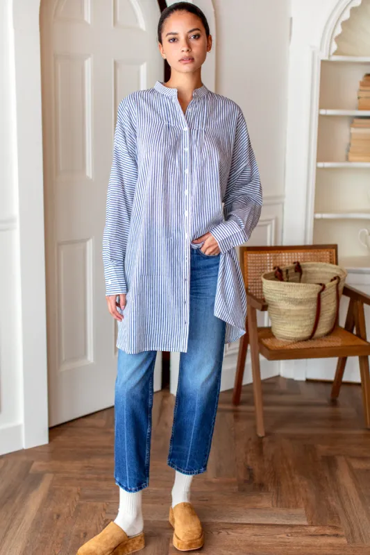 Mandarin Collar Shirtdress - Blue Indigo Stripe Organic sold by Emerson Fry