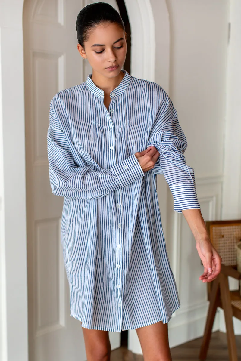 Mandarin Collar Shirtdress - Blue Indigo Stripe Organic sold by Emerson Fry product image thumbnail 3