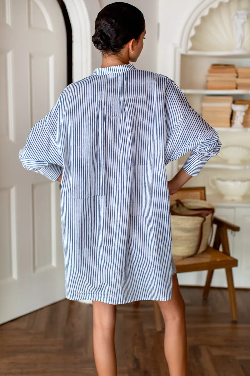 Mandarin Collar Shirtdress - Blue Indigo Stripe Organic sold by Emerson Fry product image thumbnail 4