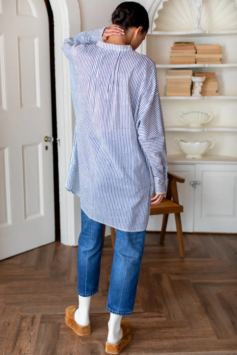 Mandarin Collar Shirtdress - Blue Indigo Stripe Organic sold by Emerson Fry product image thumbnail 2