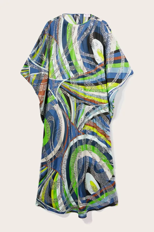 Abito kaftano in seta con stampa Iride e borchie made by Emilio Pucci