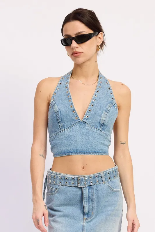 Leah Denim Halter Top made by emory park