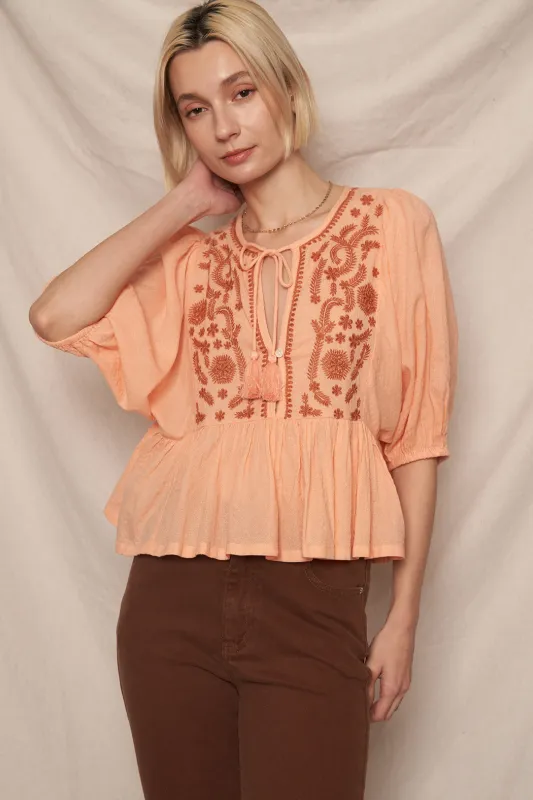 Karmen Embroidered Peplum Top sold by En Creme