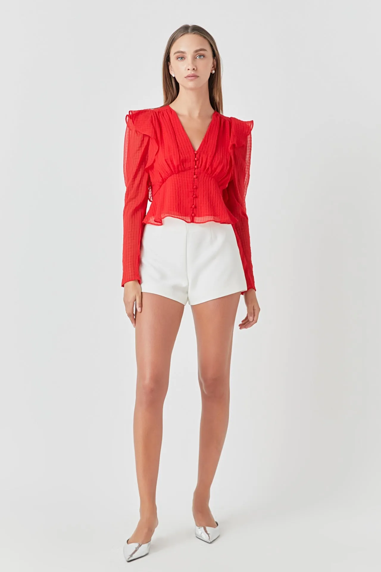 Shoulder Ruffle Detailed Plunge Neck Woven Top sold by Endless Rose