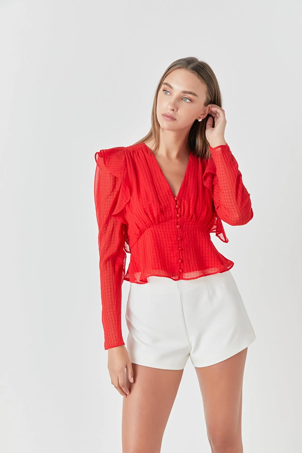 Shoulder Ruffle Detailed Plunge Neck Woven Top sold by Endless Rose product image thumbnail 5