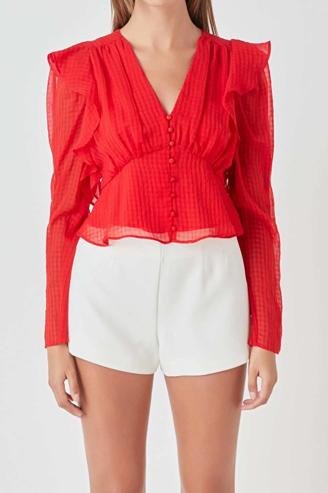 Shoulder Ruffle Detailed Plunge Neck Woven Top sold by Endless Rose product image thumbnail 2
