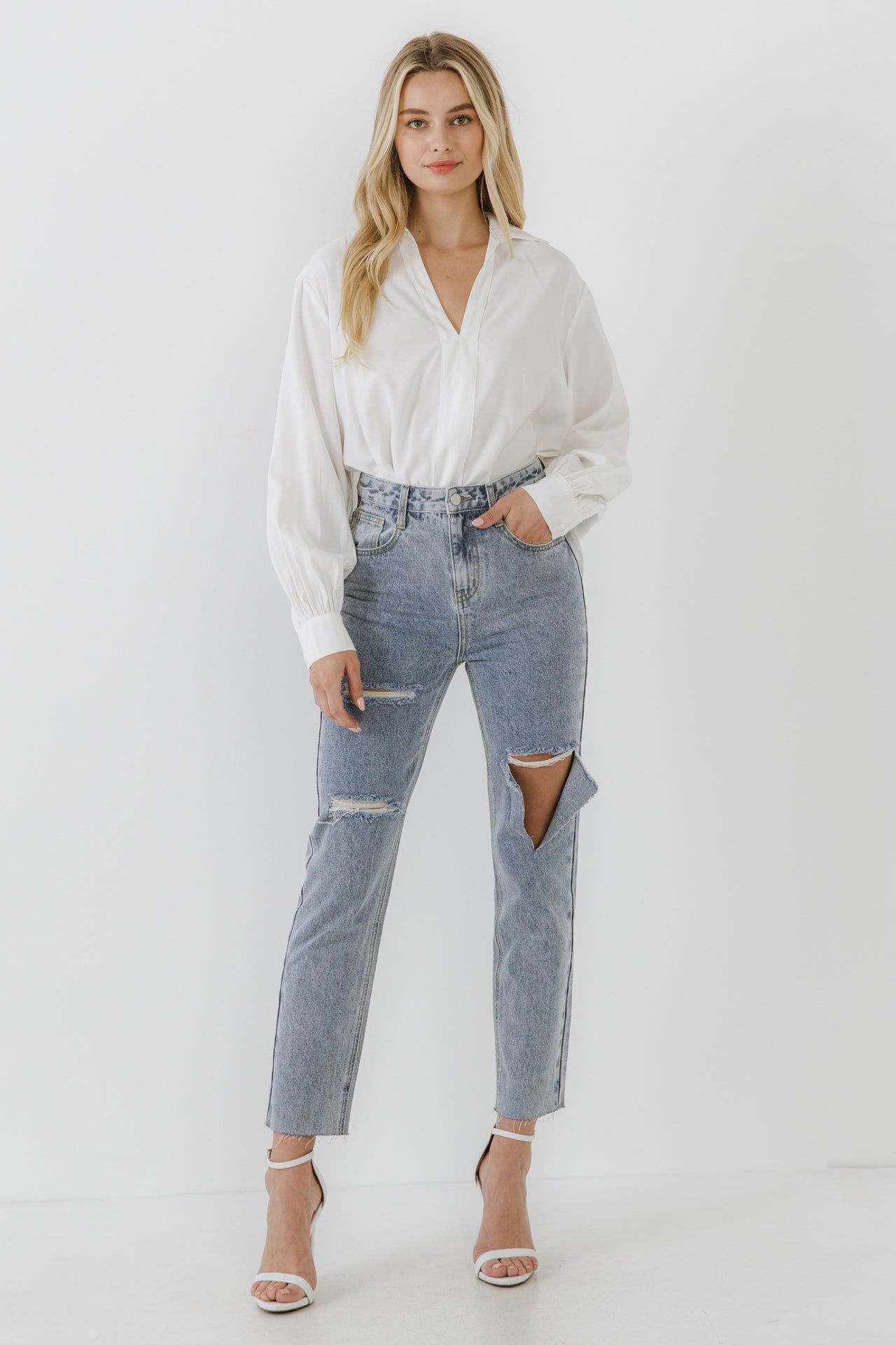 V-neckline Puff Long Sleeve Top sold by Endless Rose