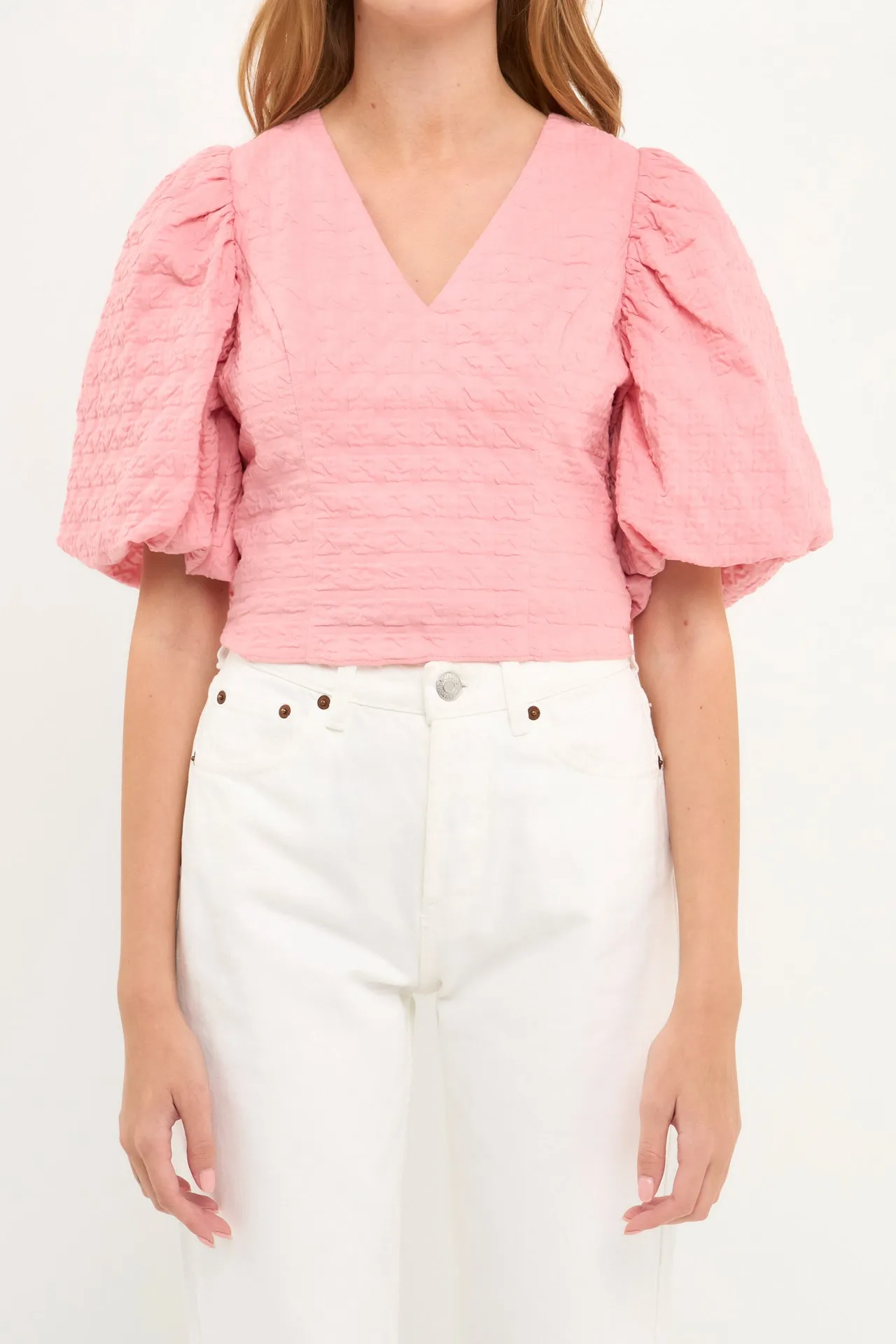 Puff Sleeve Check Jacquard Top sold by Endless Rose product image thumbnail 3