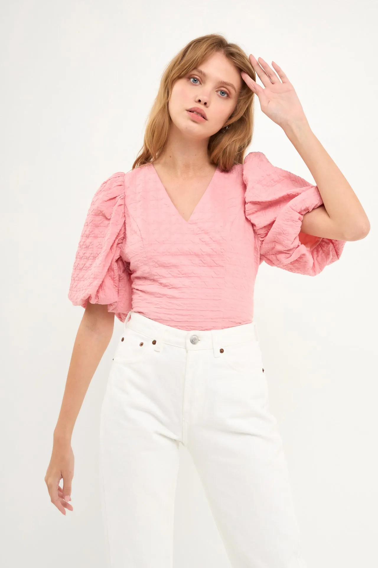 Puff Sleeve Check Jacquard Top sold by Endless Rose product image thumbnail 2