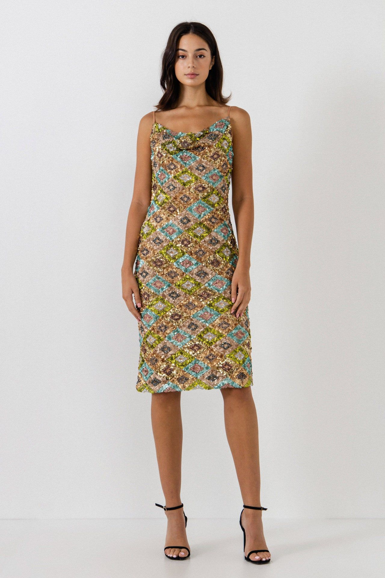 Multi Sequin Cowl Neck Cami Dress sold by Endless Rose