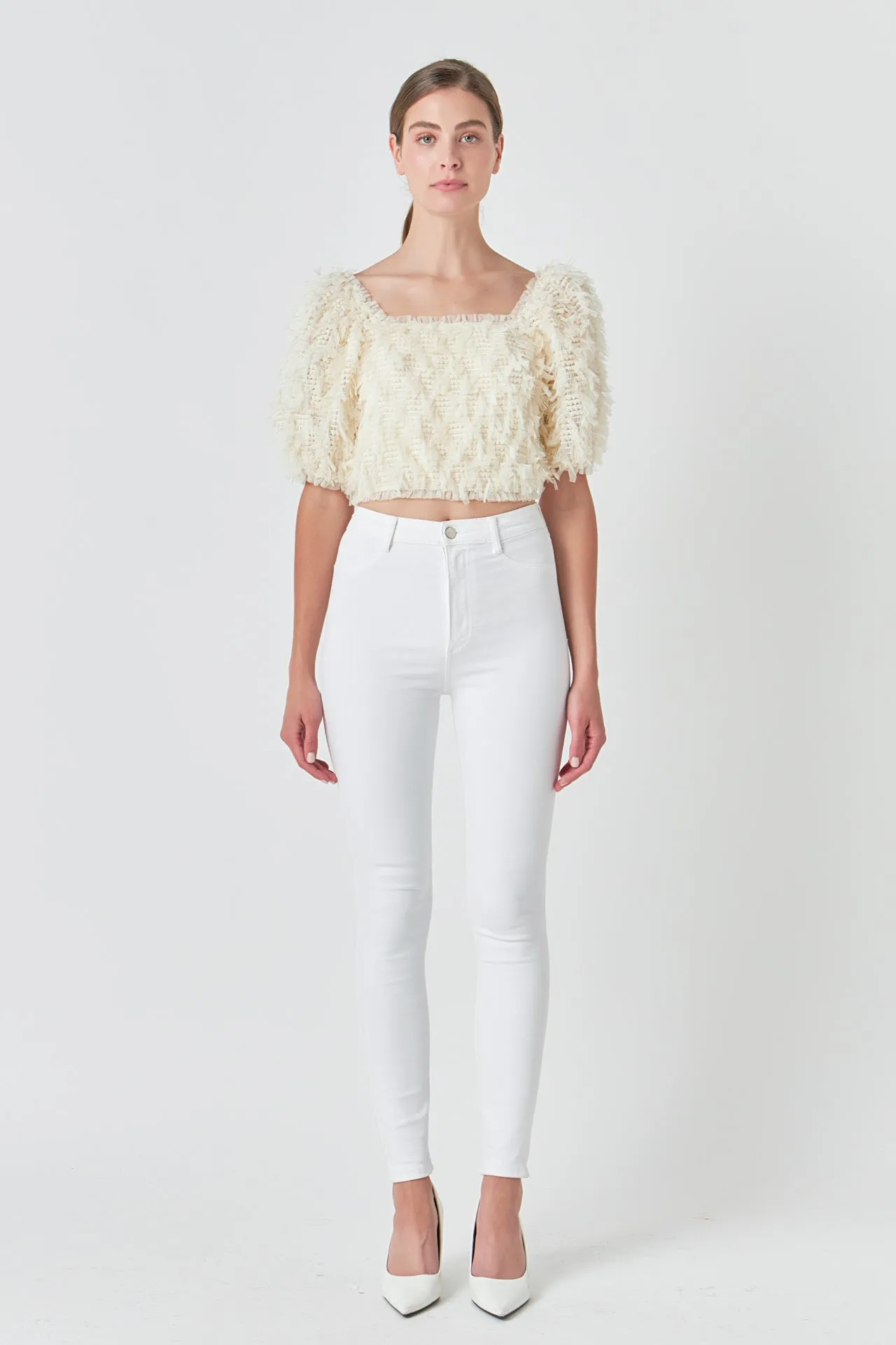 Mesh Trimmed Puff Sleeve Top sold by Endless Rose