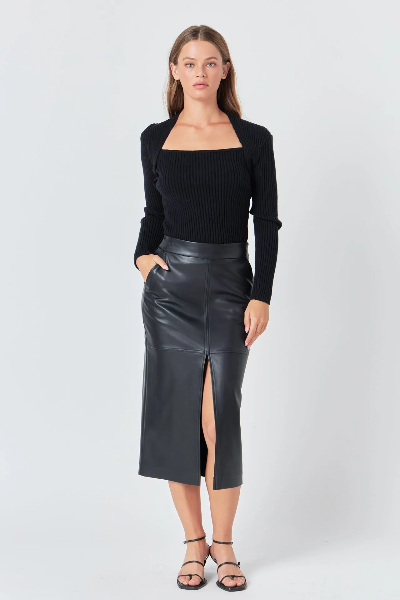 Pu Front Slit Midi Skirt sold by Endless Rose