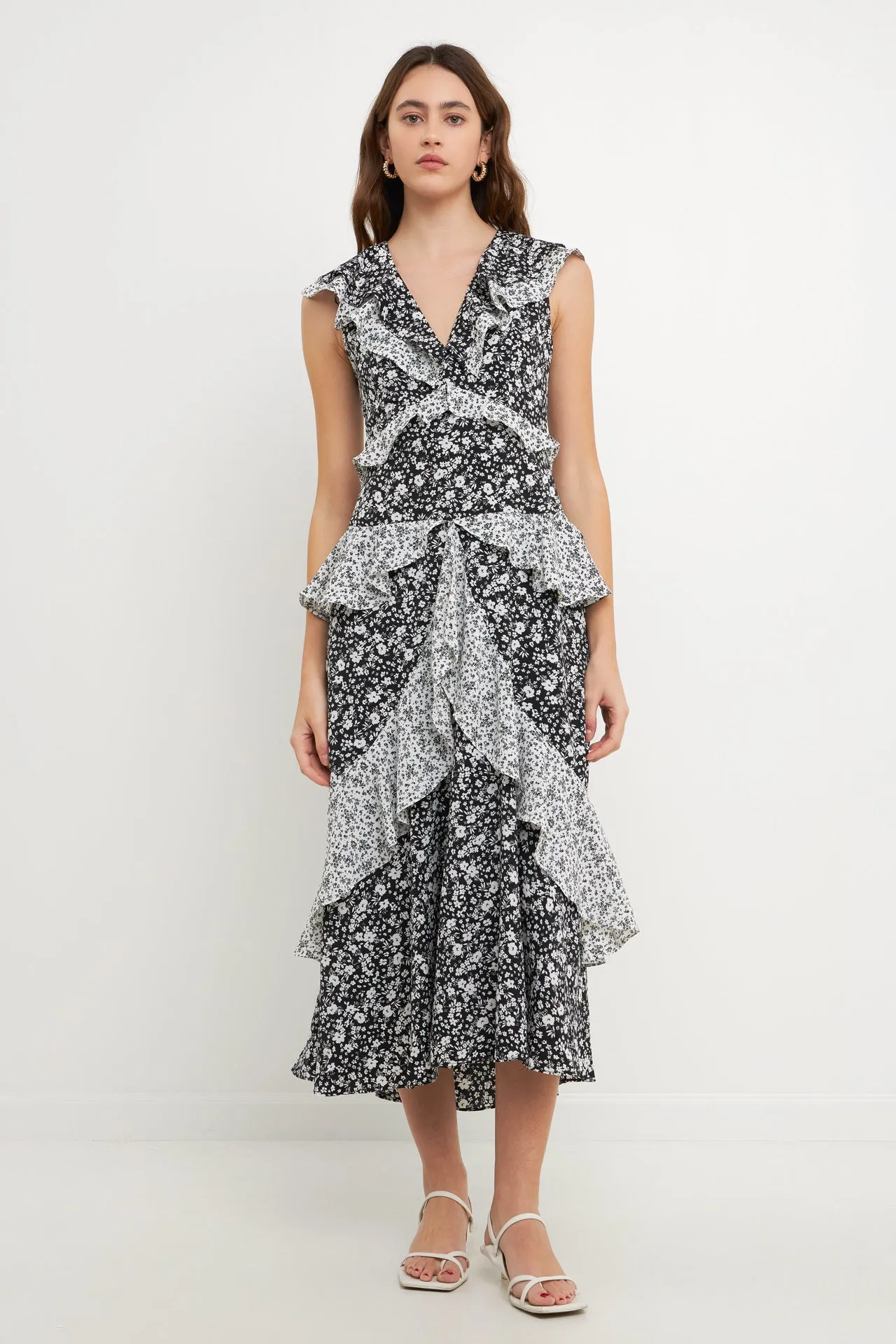 Dot Floral Contrast Midi Ruffle Dress sold by Endless Rose