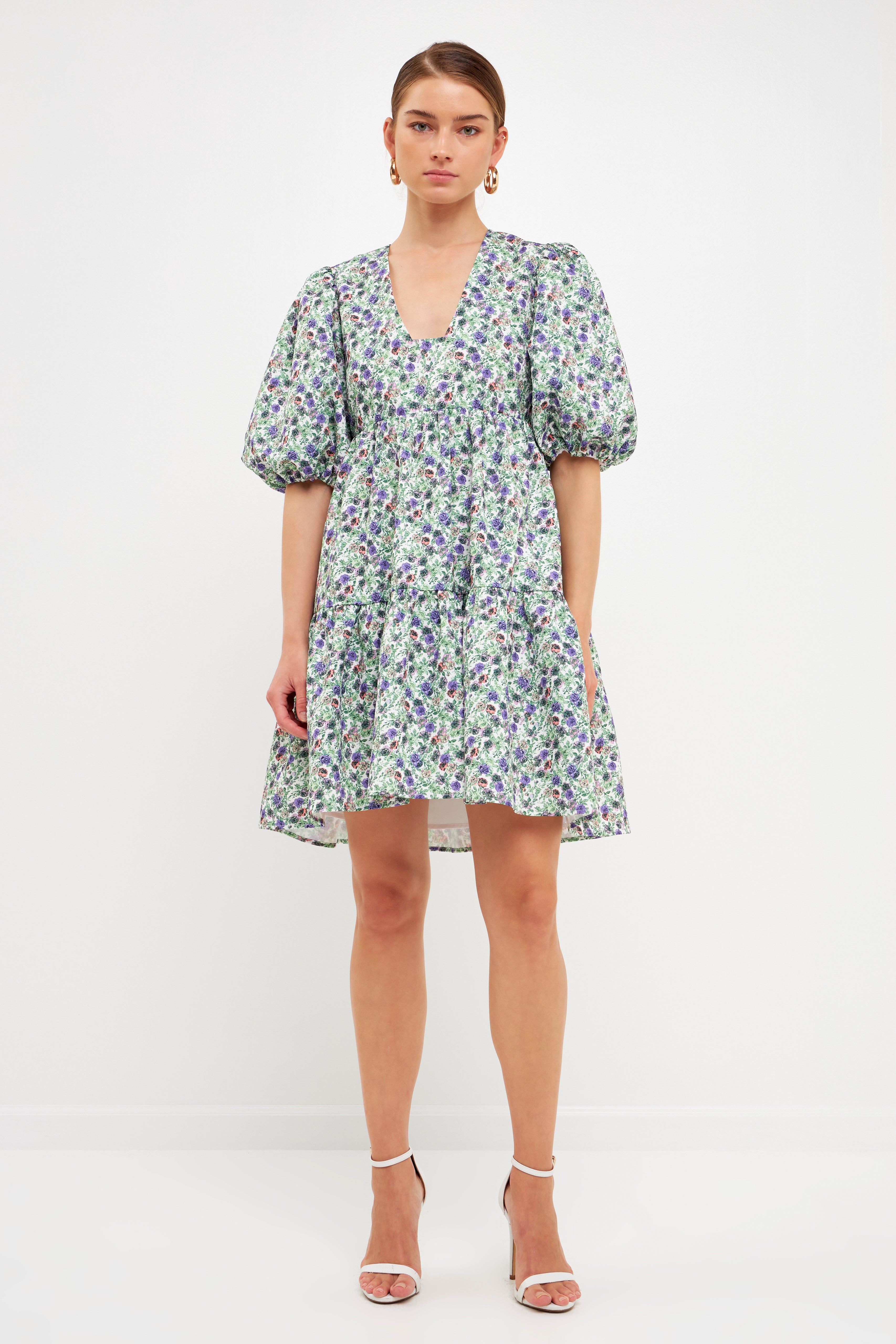 Floral Puff Sleeve Jacquard High Low Dress sold by Endless Rose