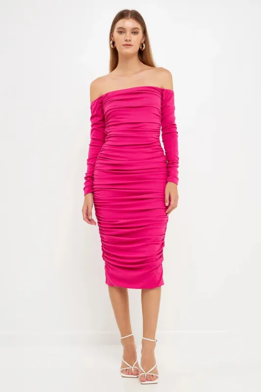 Off-The-Shoulder Ruched Midi Dress sold by Endless Rose