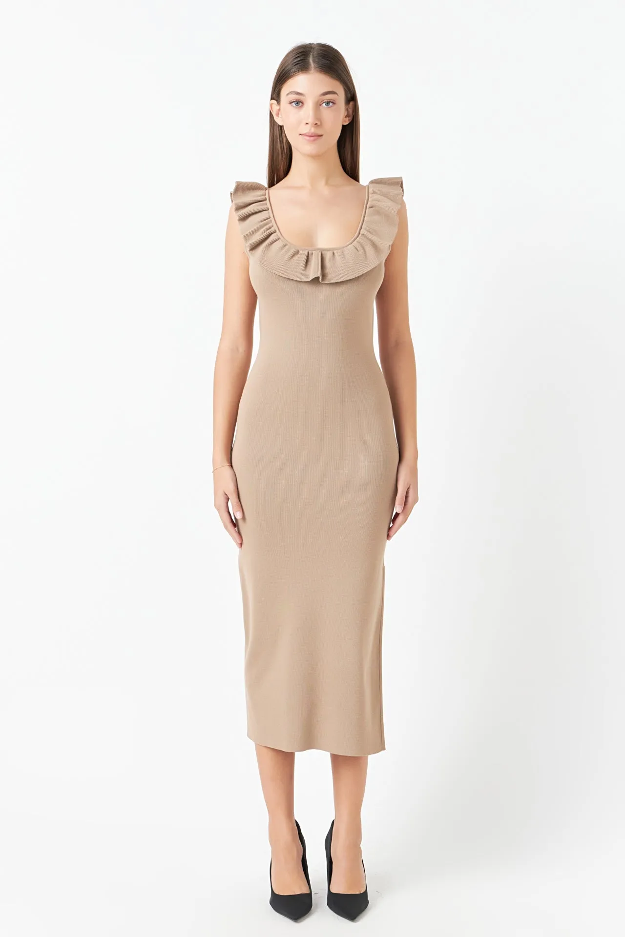 Ruffle Neckline Midi Slit Dress sold by Endless Rose