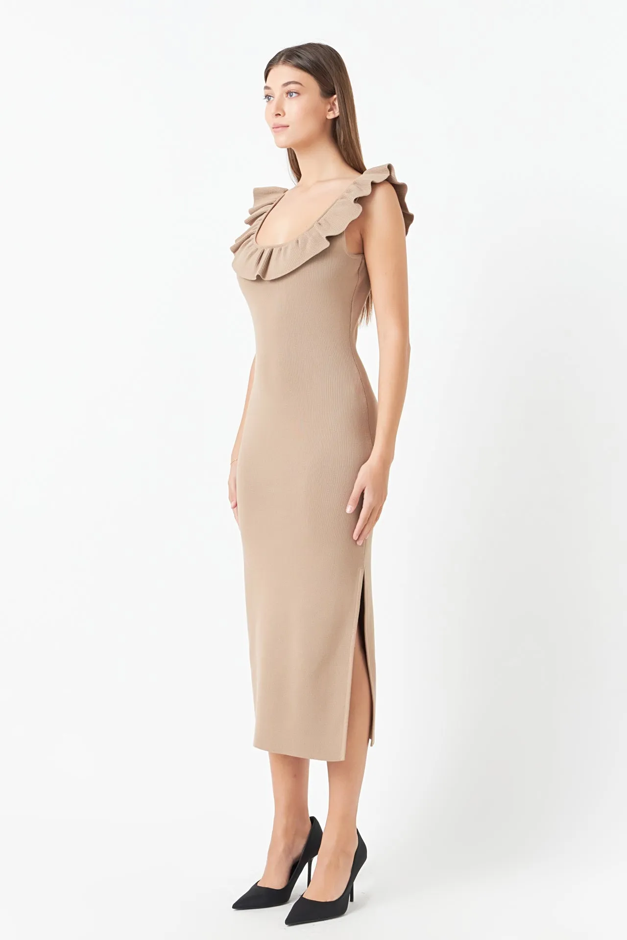 Ruffle Neckline Midi Slit Dress sold by Endless Rose product image thumbnail 3