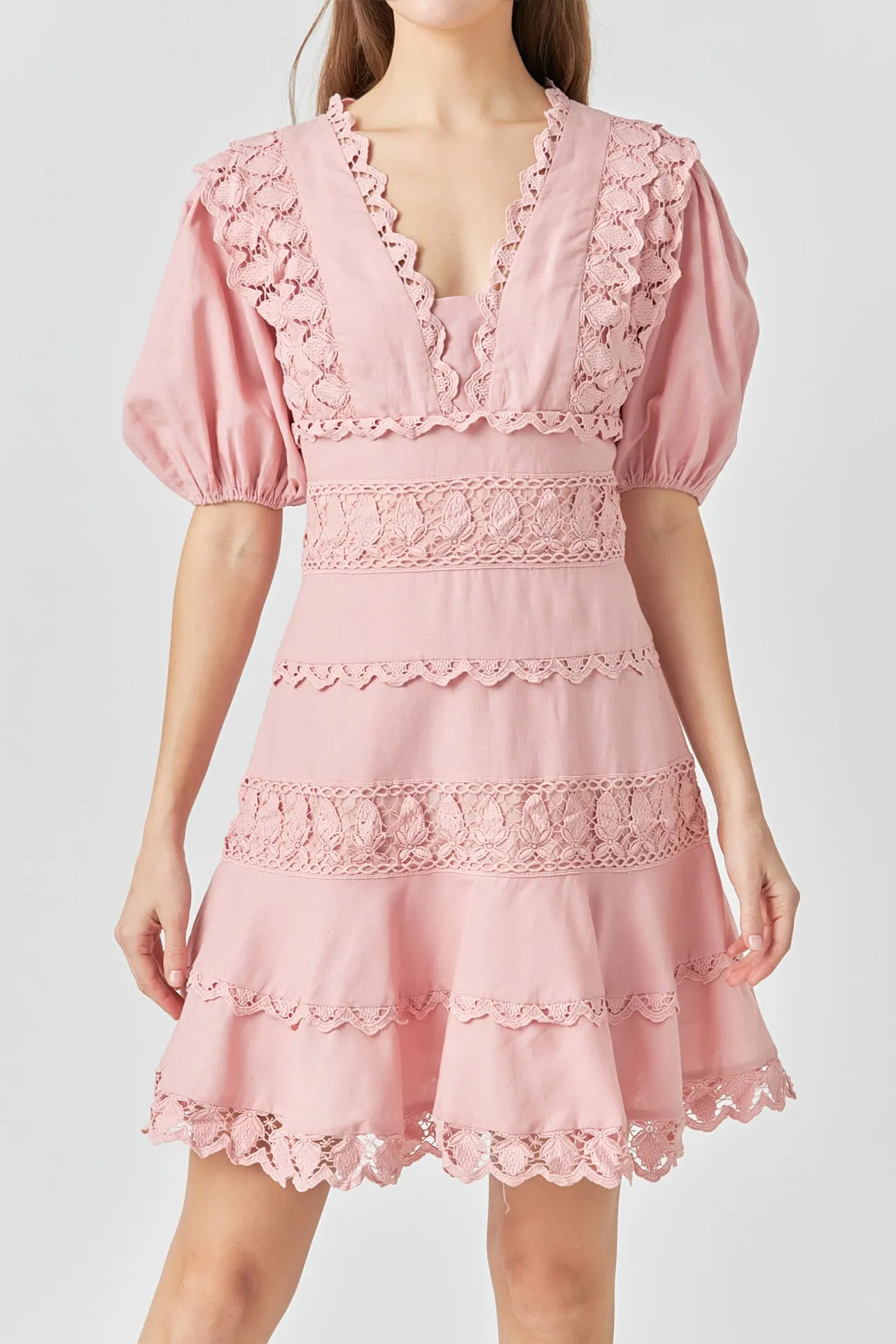Plunging Lace Trim Dress with Puff Sleeve sold by Endless Rose product image thumbnail 2
